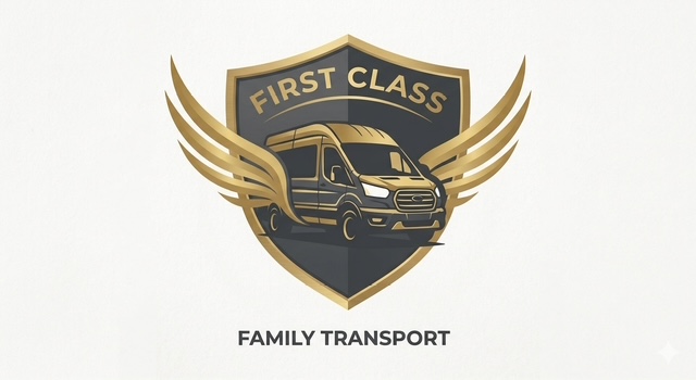 First Class Family Transport shield logo with gold wings and a van
