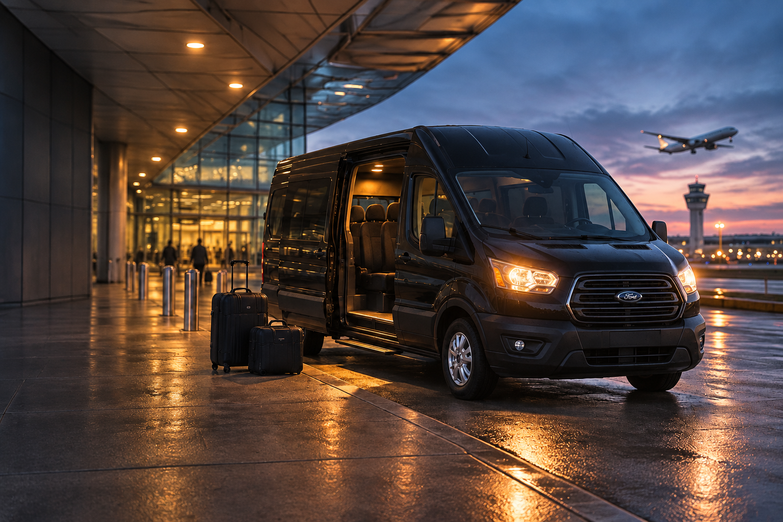 A black Ford Transit van waiting at an airport terminal curb at dusk with its side door open beside two suitcases